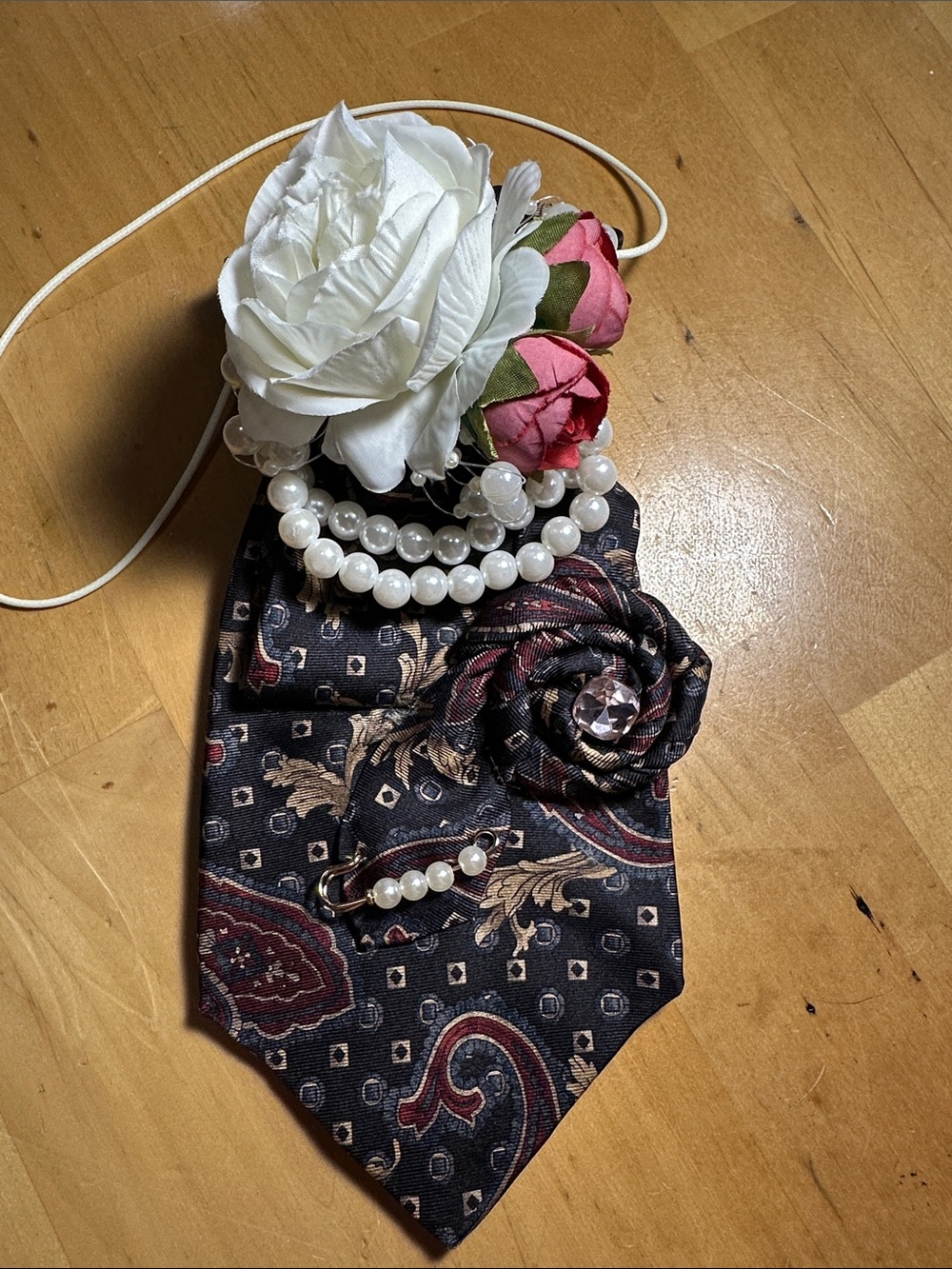 Bill Blass All Silk Navy Paisley Necklace Tie with White and Pink Floral Accents